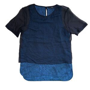 Designer Tibi Top 100% Silk Bateau Neckline Short Sleeve Layered Black Blue Shir